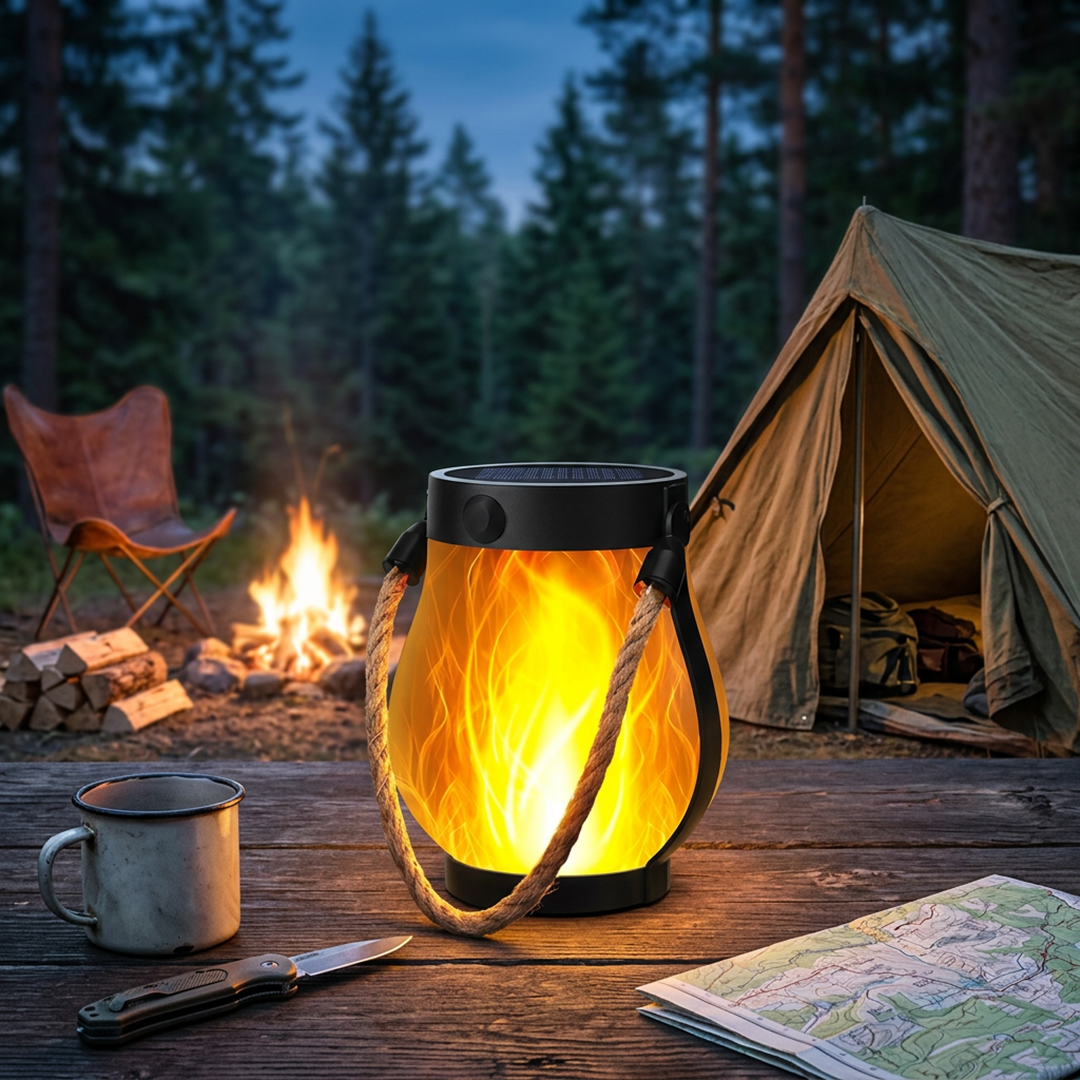 Lanterns with Solar Flames and Hemp Rope Hanging Design