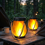 Lanterns with Solar Flames and Hemp Rope Hanging Design