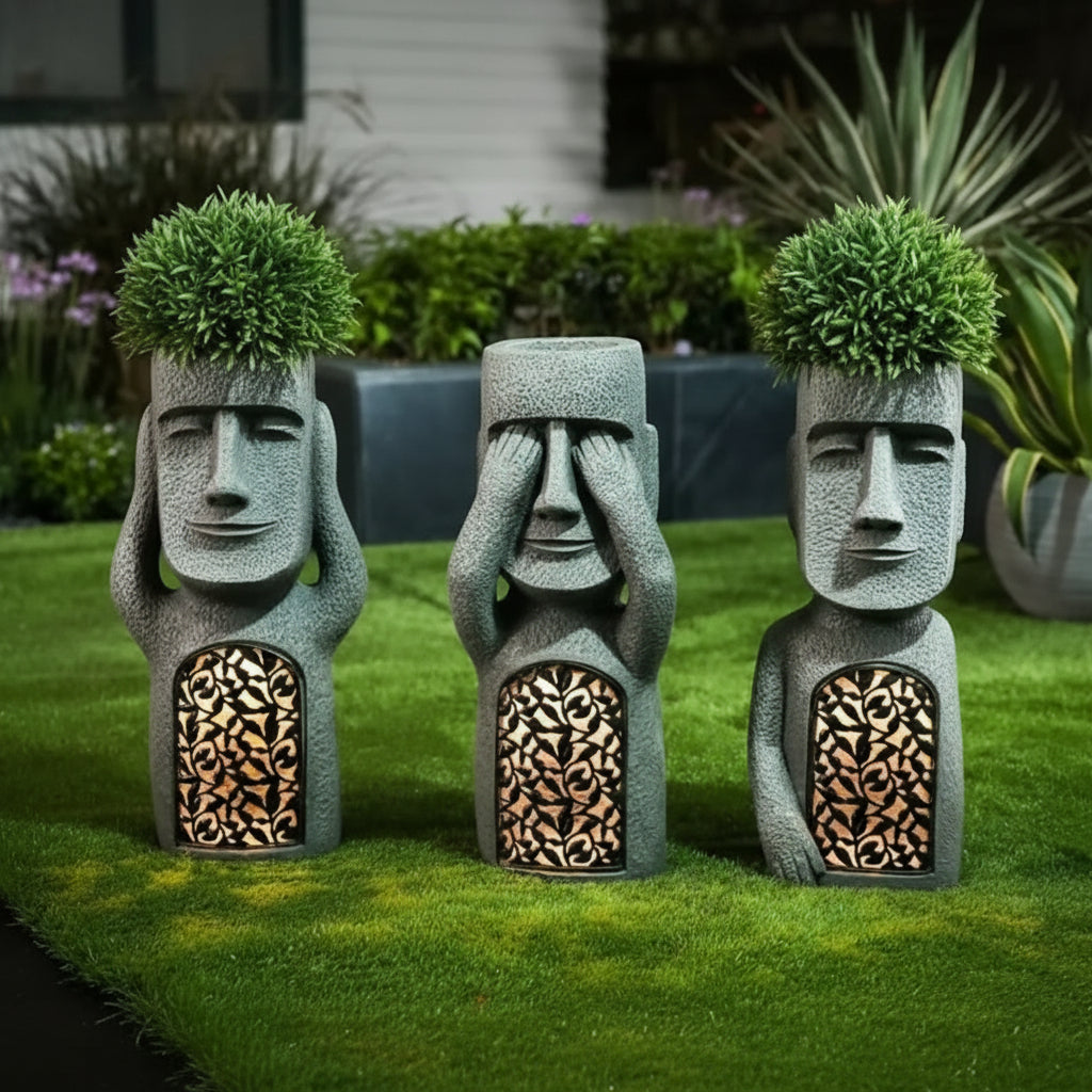 Decorative Moai Planter Statue with Solar Lighting for the Garden