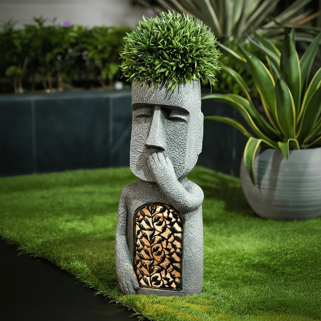 Decorative Moai Planter Statue with Solar Lighting for the Garden