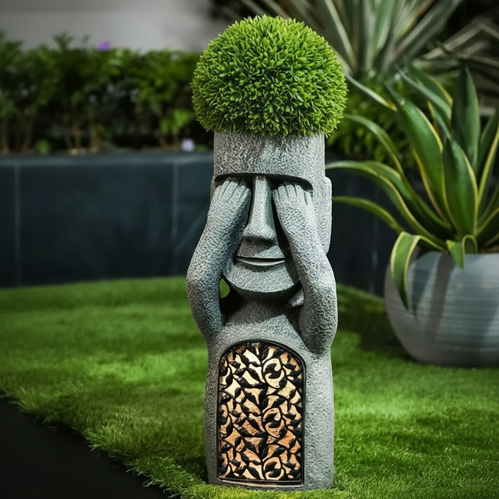 Decorative Moai Planter Statue with Solar Lighting for the Garden