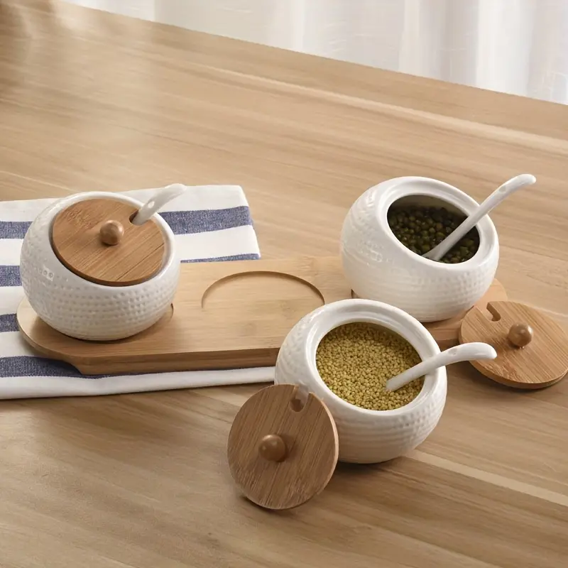 Elegant Ceramic Spice Container with Natural Wood Top