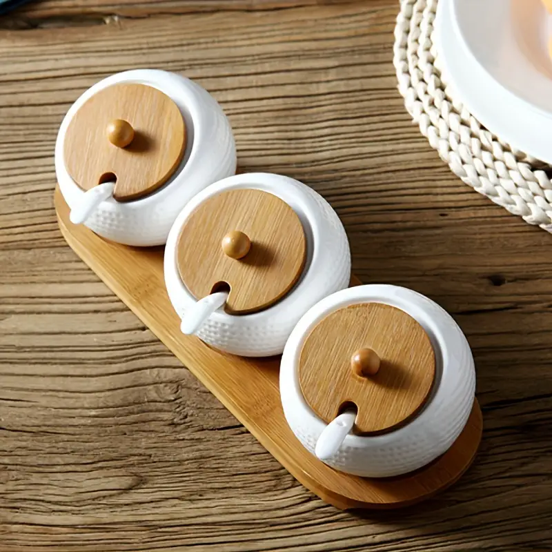 Elegant Ceramic Spice Container with Natural Wood Top