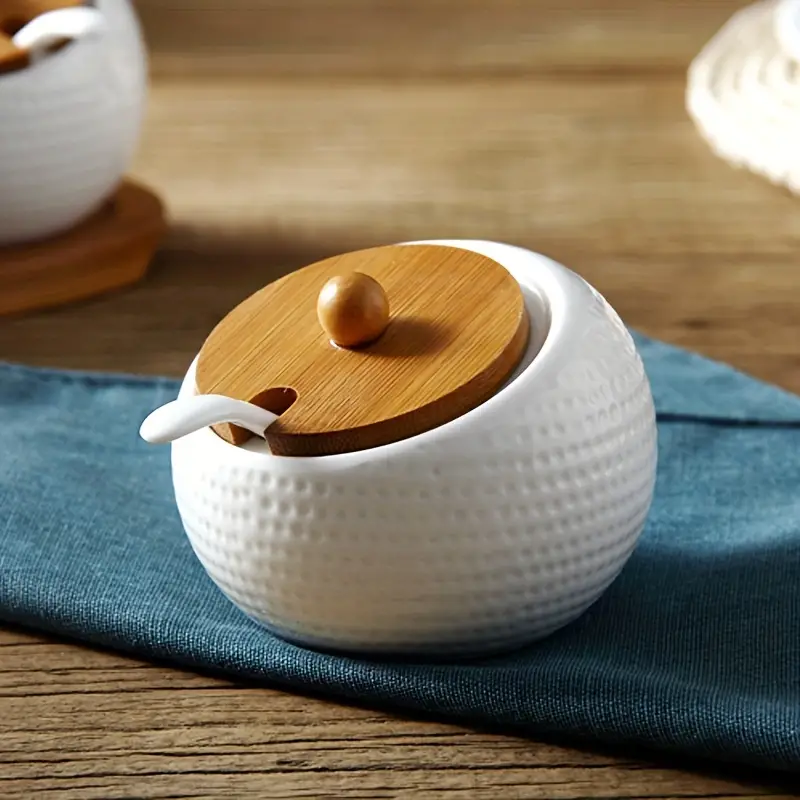 Elegant Ceramic Spice Container with Natural Wood Top