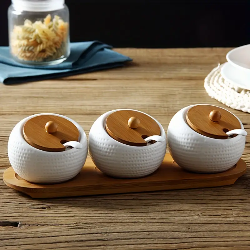 Elegant Ceramic Spice Container with Natural Wood Top
