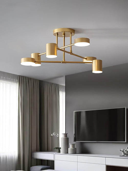 Ceiling Light Fixture with Six Bulbs, Brass Finish and Cylinder Shades