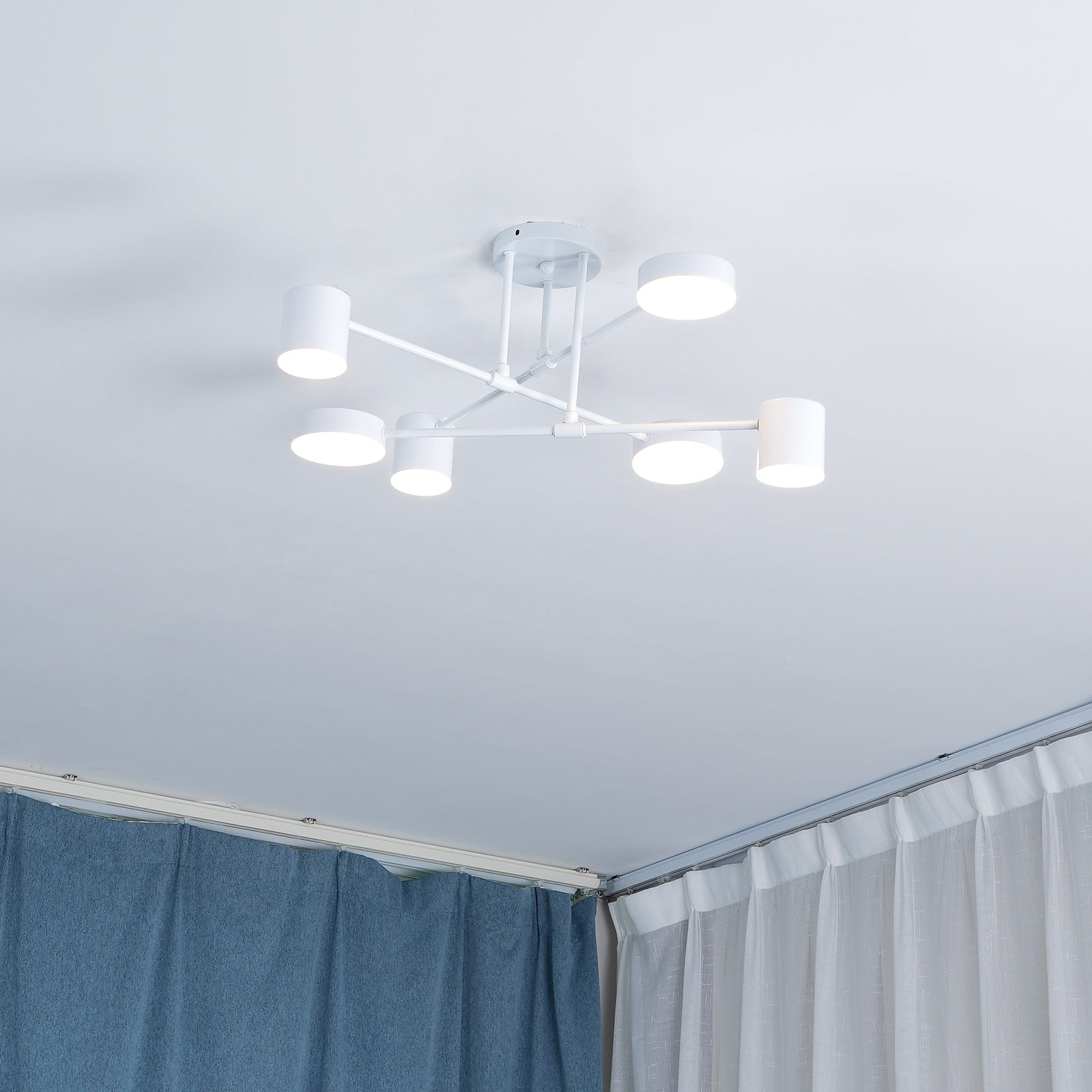 Ceiling Light Fixture with Six Bulbs, Brass Finish and Cylinder Shades