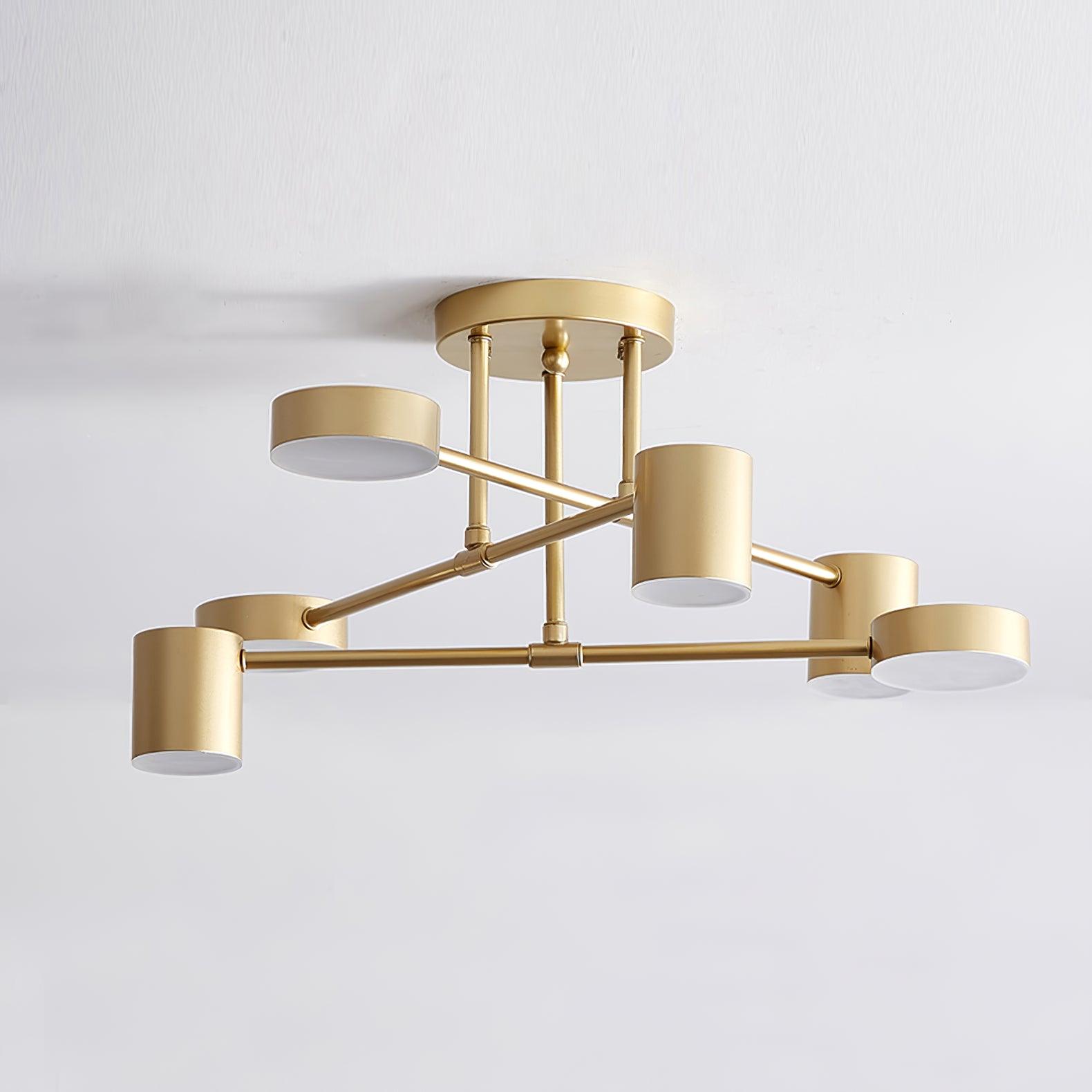 Ceiling Light Fixture with Six Bulbs, Brass Finish and Cylinder Shades