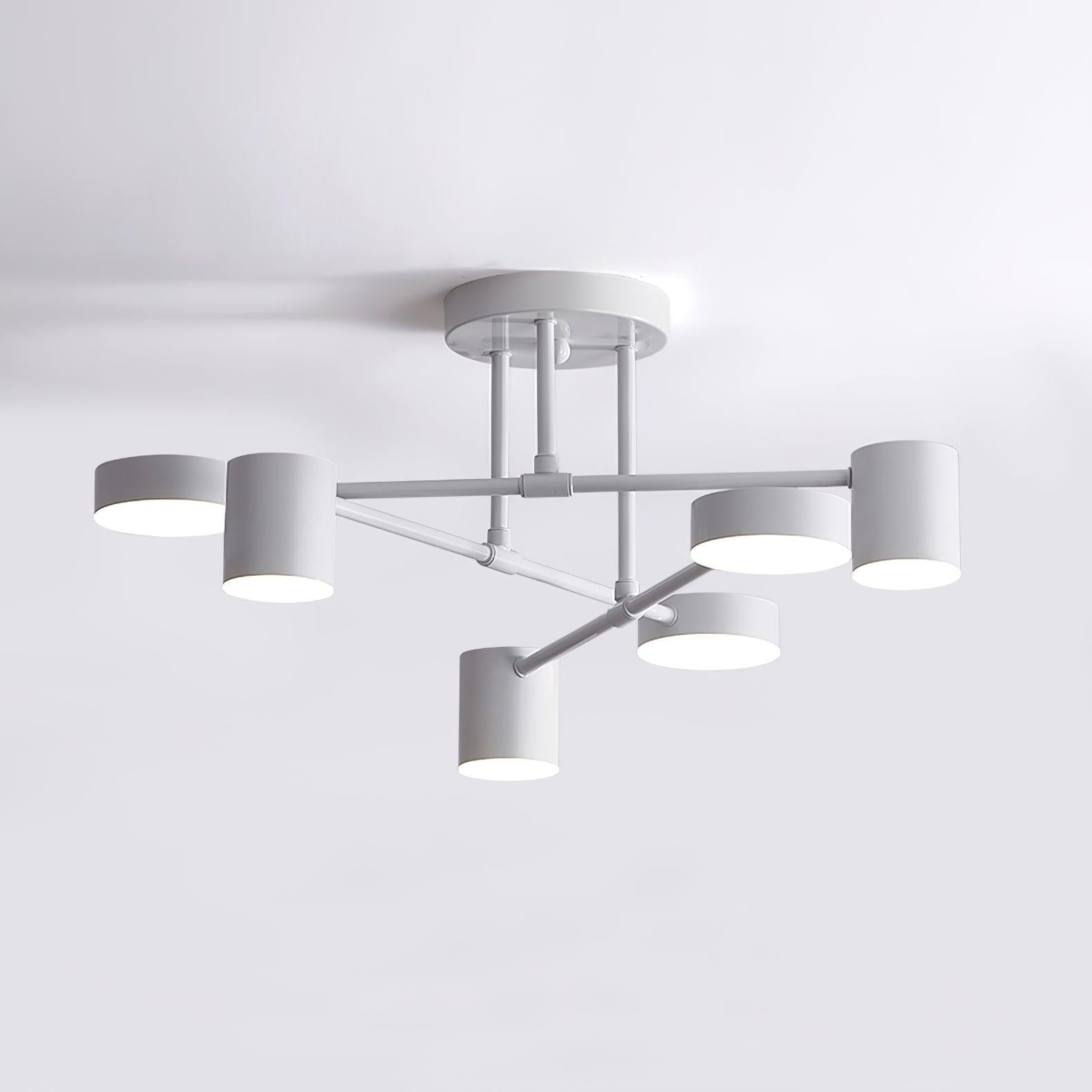 Ceiling Light Fixture with Six Bulbs, Brass Finish and Cylinder Shades