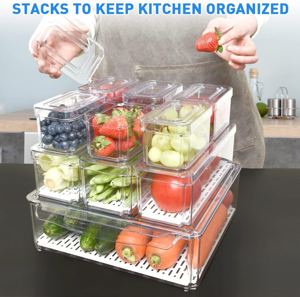 SmartSpace Clear Refrigerator Storage Bins, Stackable 10-Piece Set