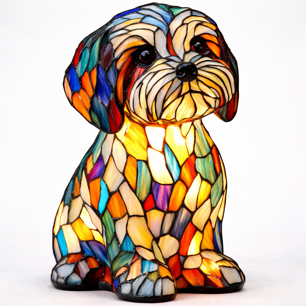 LED Nightlight Table Lamp with Stained Glass Dog Design for Bedroom