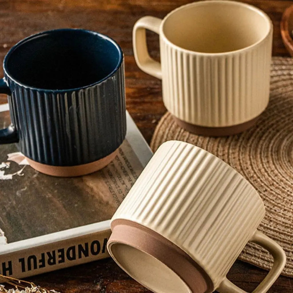 Rustic Charm Ceramic Coffee Cup – Textured Stripes