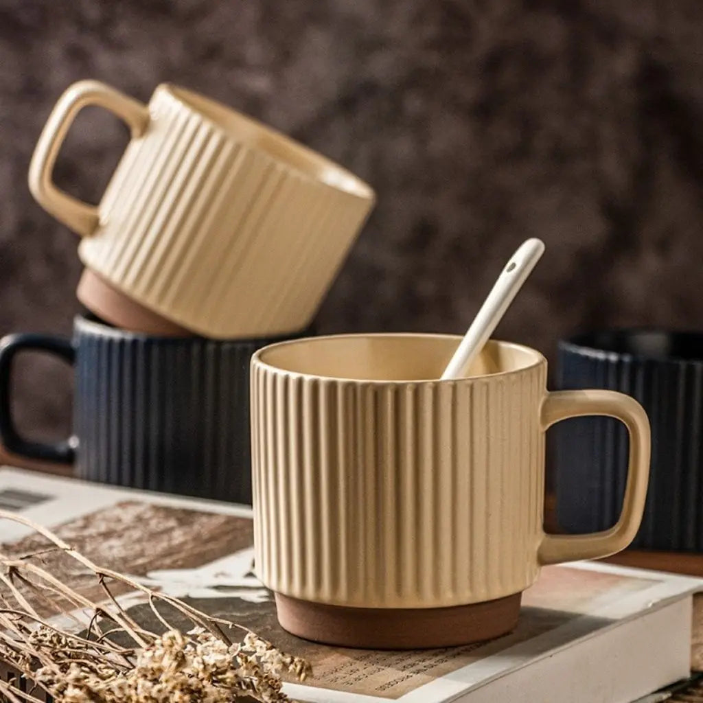 Rustic Charm Ceramic Coffee Cup – Textured Stripes