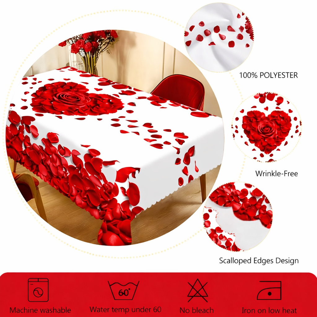 Romantic Polyester Table Cover with Heart-Shaped Rose Petals