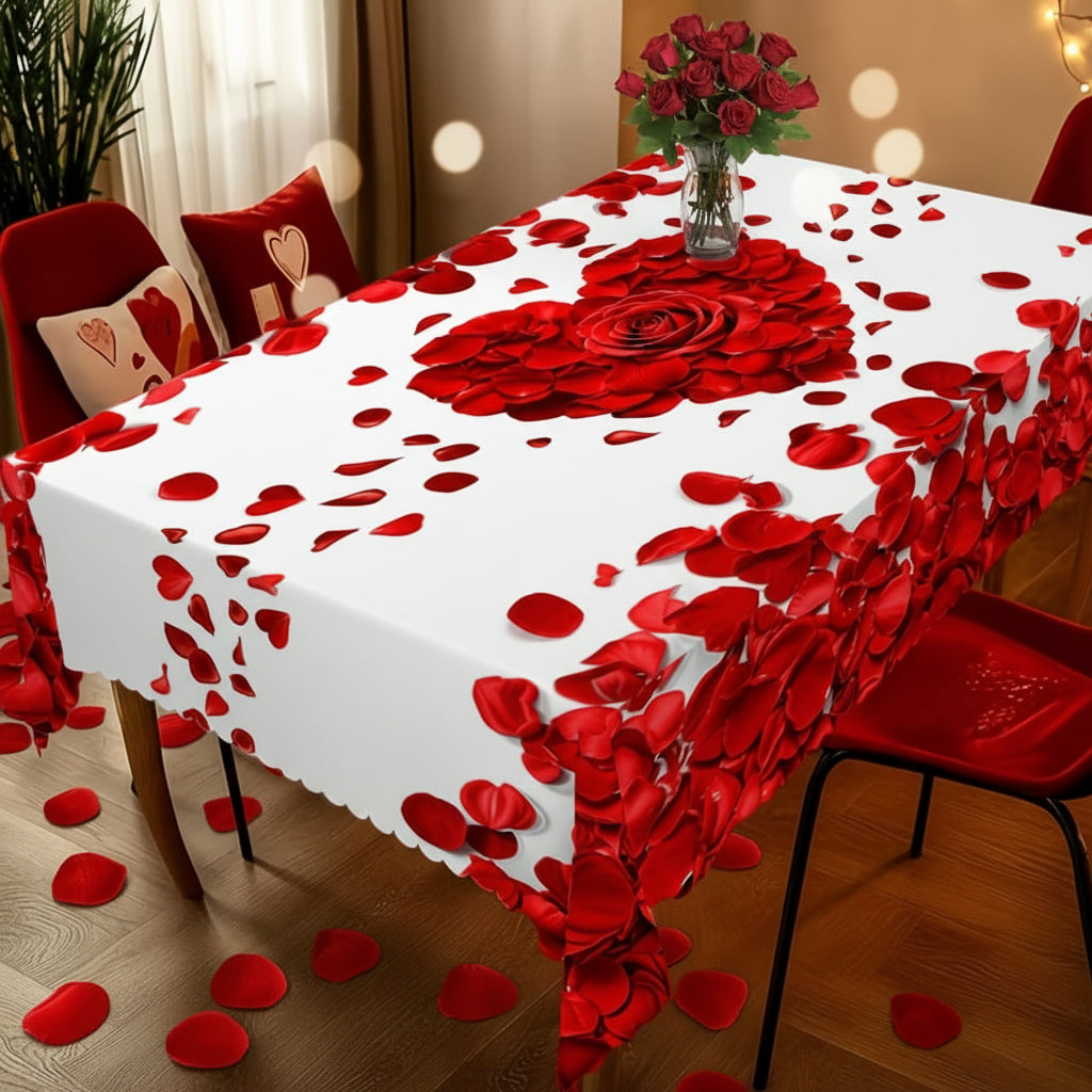 Romantic Polyester Table Cover with Heart-Shaped Rose Petals