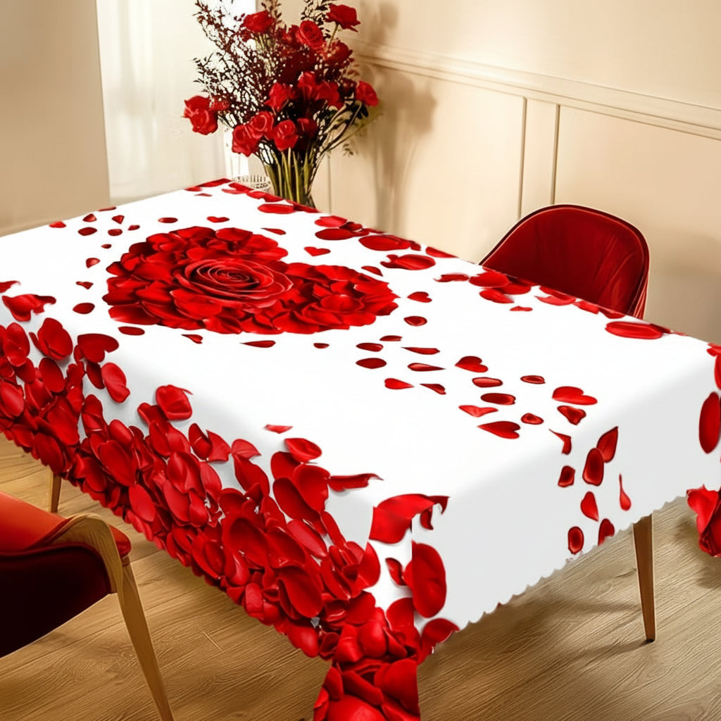 Romantic Polyester Table Cover with Heart-Shaped Rose Petals