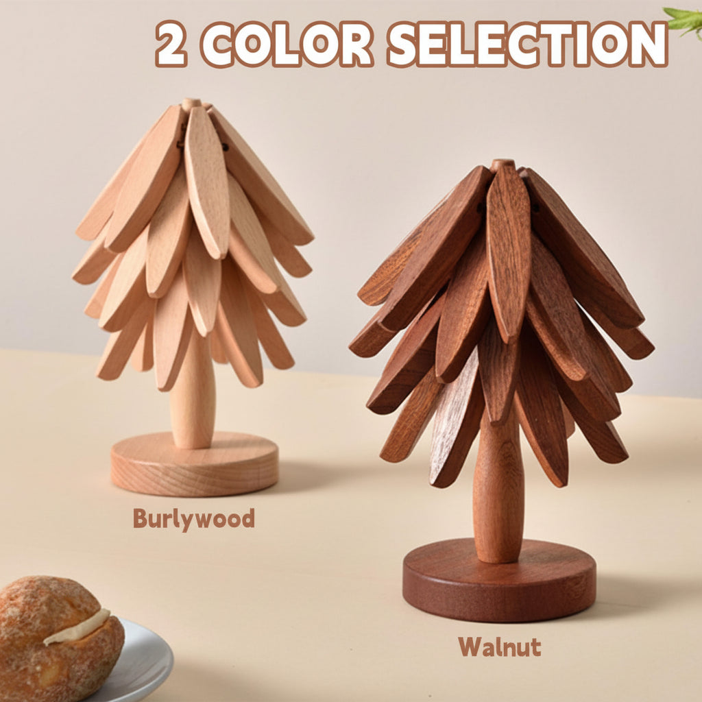 Folding Wooden Trivet Set with Tree Pattern - Heat Resistant Kitchen Accessory