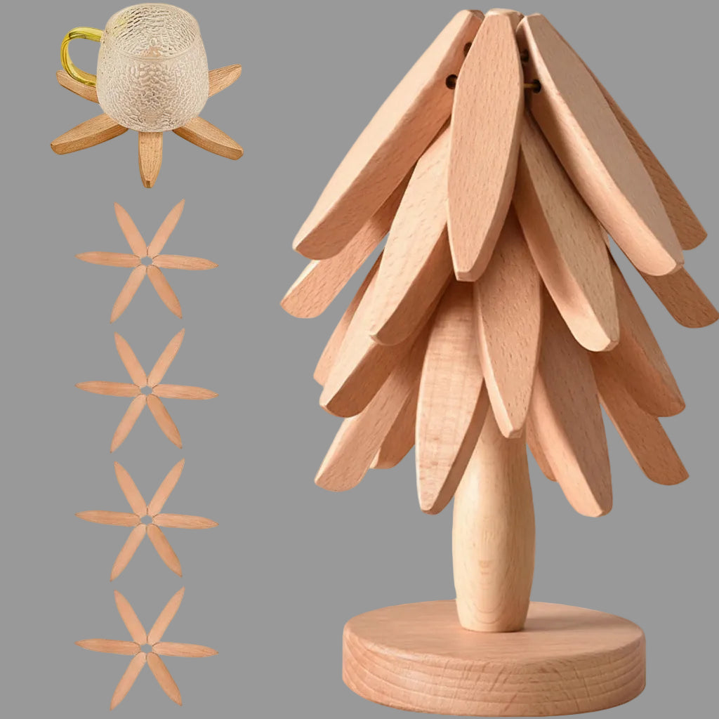 Folding Wooden Trivet Set with Tree Pattern - Heat Resistant Kitchen Accessory