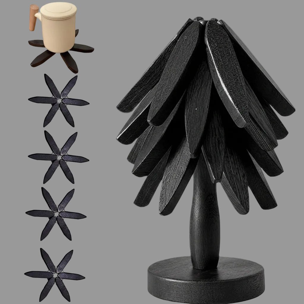 Folding Wooden Trivet Set with Tree Pattern - Heat Resistant Kitchen Accessory