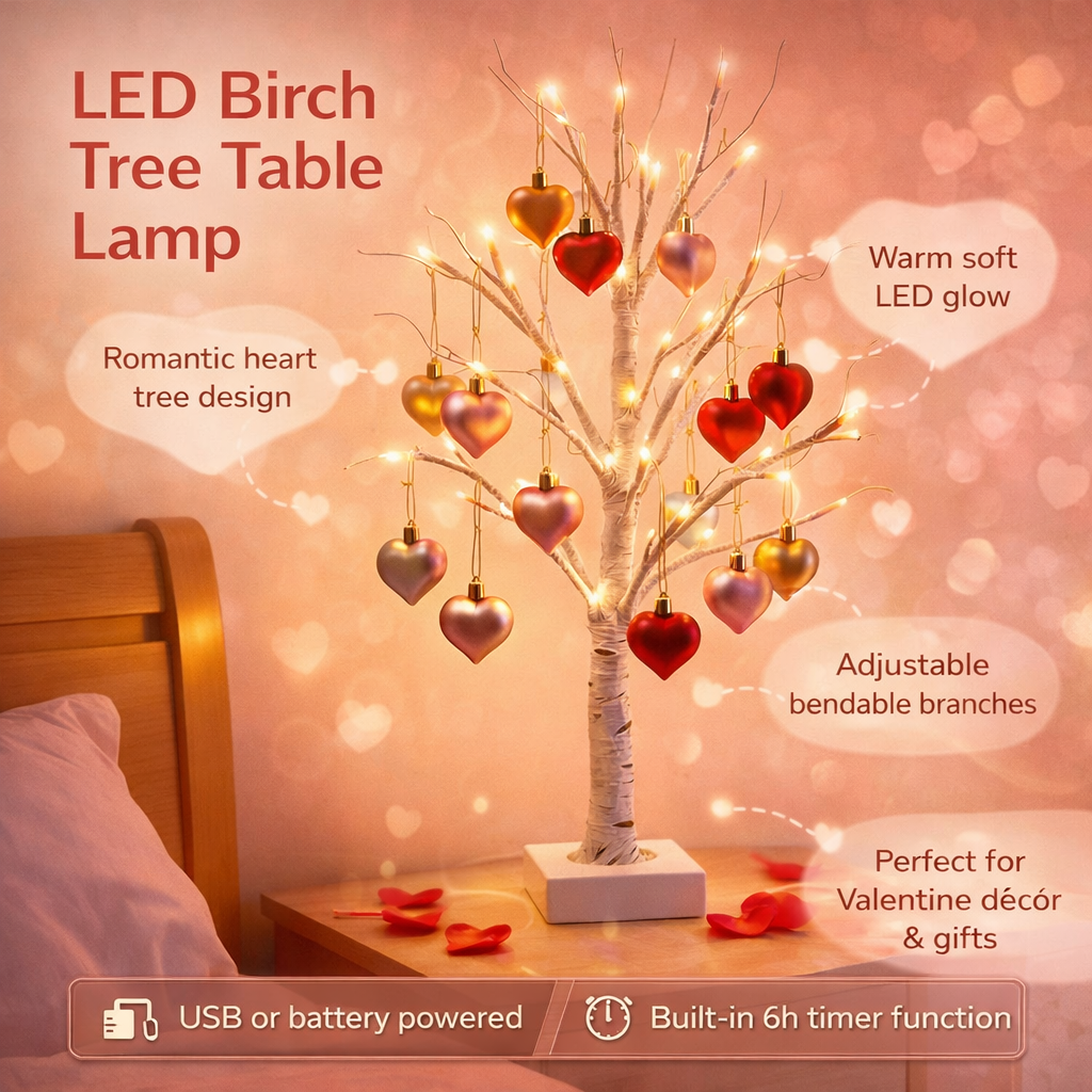 LED Heart-Shaped Birch Tree Table Lamp for Valentine's Home Decoration