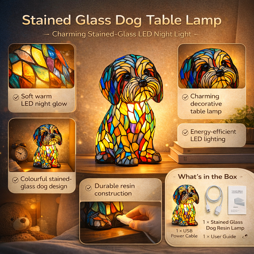 LED Night Light Table Lamp with Stained Glass Dog Design in Resin