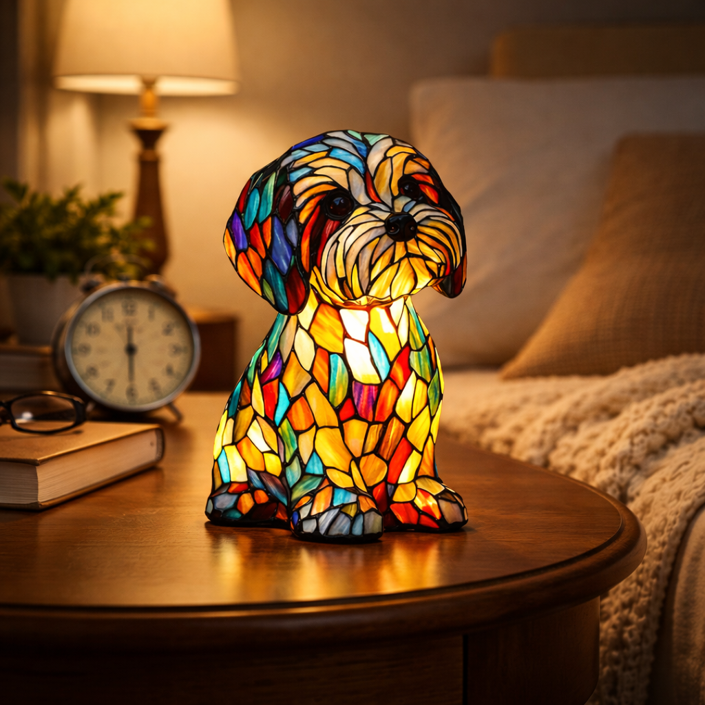 LED Night Light Table Lamp with Stained Glass Dog Design in Resin