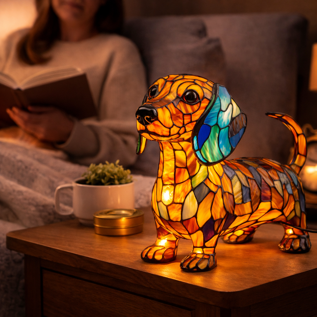 Decorative LED Night Light Table Lamp with Colorful Stained Glass Dog