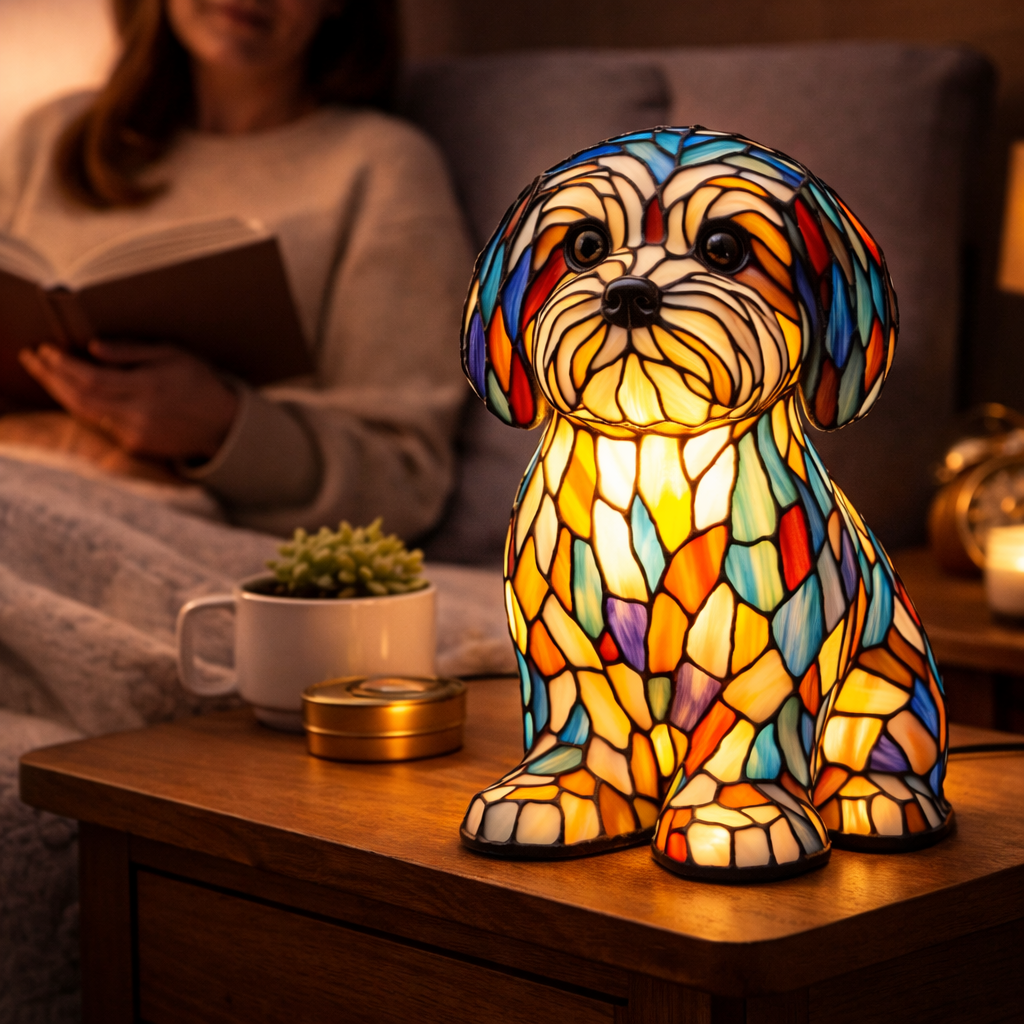 Decorative LED Night Light Table Lamp with Colorful Stained Glass Dog