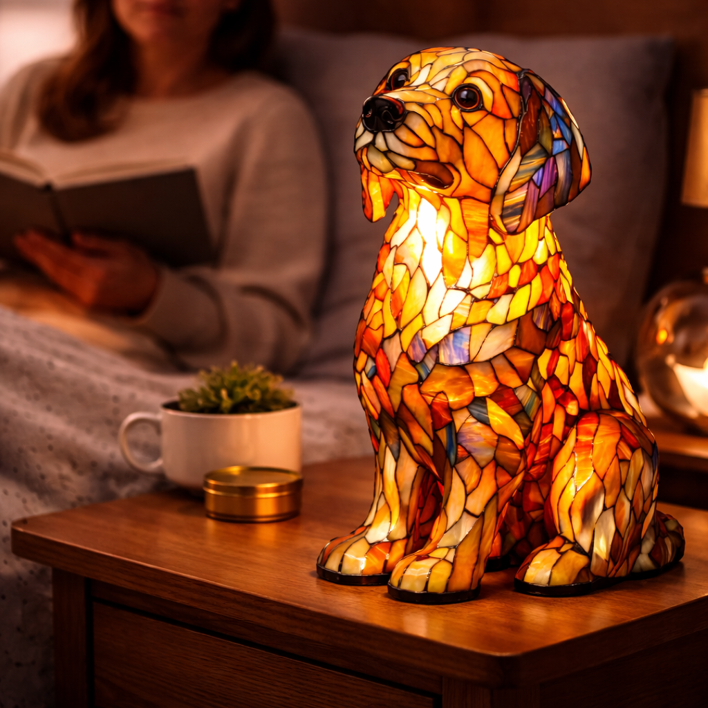 Decorative LED Night Light Table Lamp with Colorful Stained Glass Dog