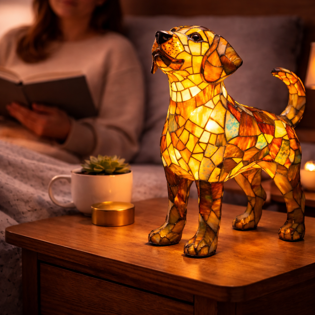 Decorative LED Night Light Table Lamp with Colorful Stained Glass Dog