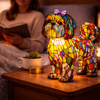 Decorative LED Night Light Table Lamp with Colorful Stained Glass Dog