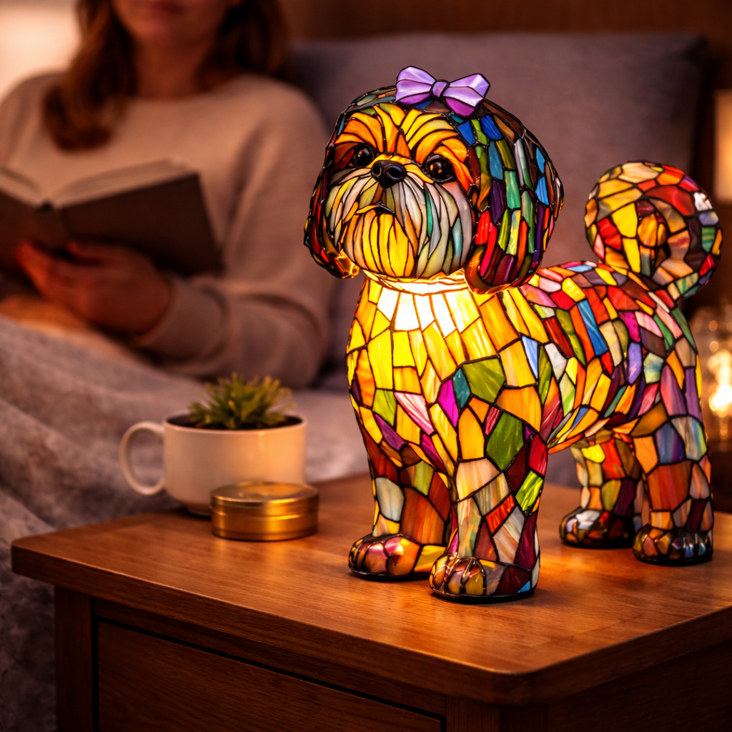 Decorative LED Night Light Table Lamp with Colorful Stained Glass Dog
