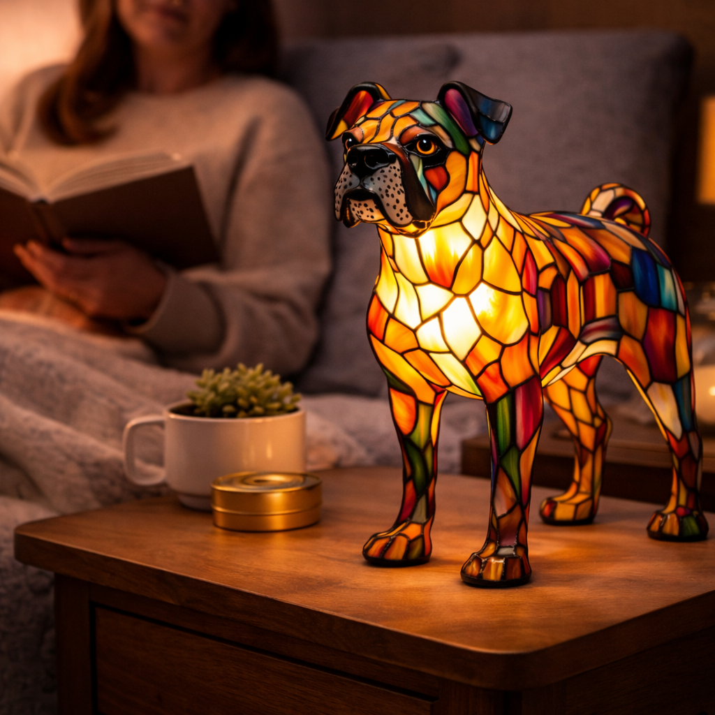 Decorative LED Night Light Table Lamp with Colorful Stained Glass Dog