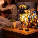 Decorative LED Night Light Table Lamp with Colorful Stained Glass Dog