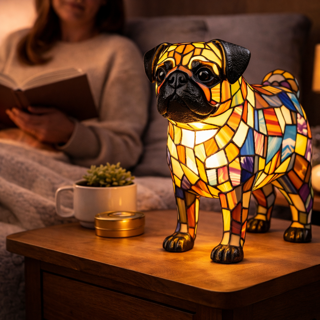 Decorative LED Night Light Table Lamp with Colorful Stained Glass Dog