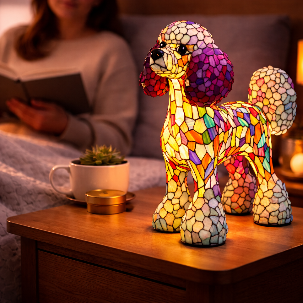 Decorative LED Night Light Table Lamp with Colorful Stained Glass Dog