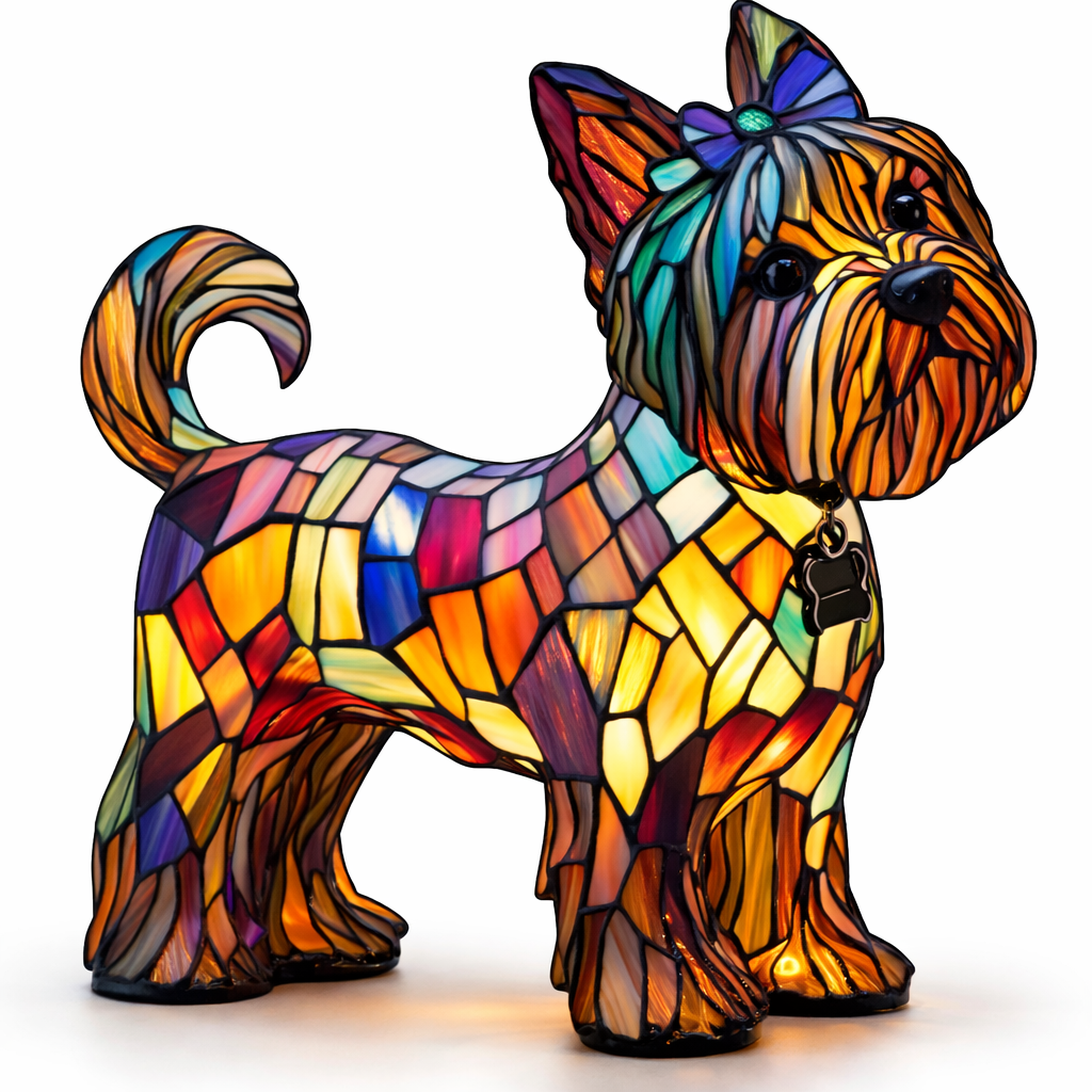 Decorative LED Night Light Table Lamp with Colorful Stained Glass Dog