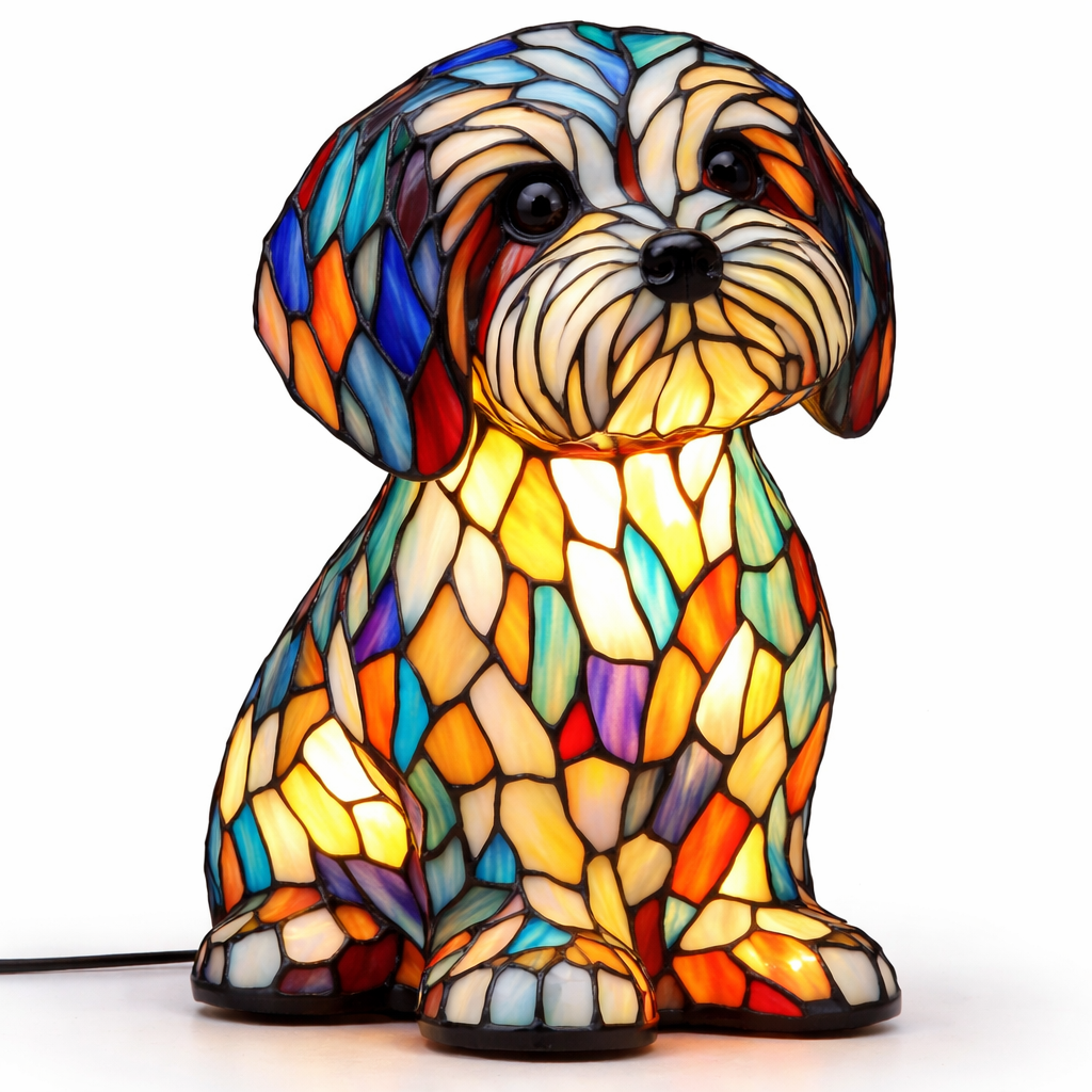 Stained Glass Dog Table Lamp – Animal Light for Bedroom or Desk