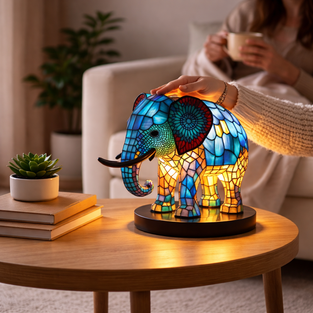 LED Animal Accent Light Table Lamp with Stained Glass for Bedroom