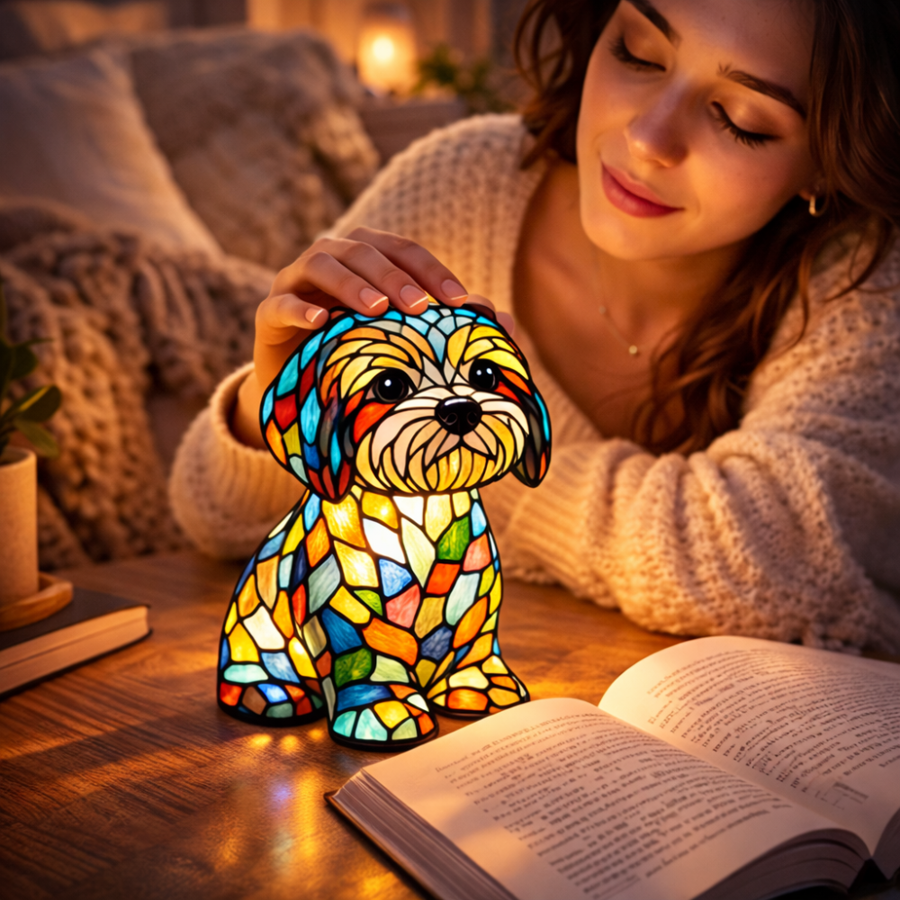 Dog-Shaped LED Night Light Table Lamp in Stained Glass Design for Bedroom