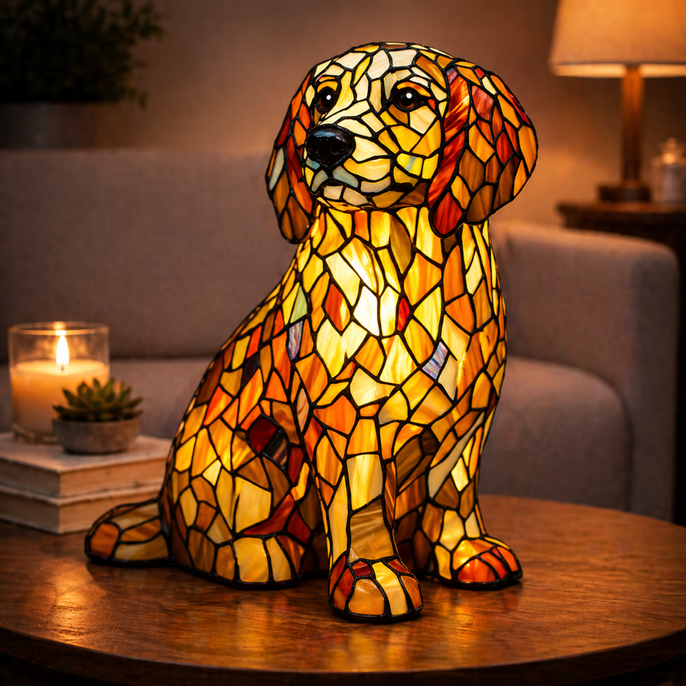 Decorative Desk Lamp with Stained Glass Dog Design – LED Night Light