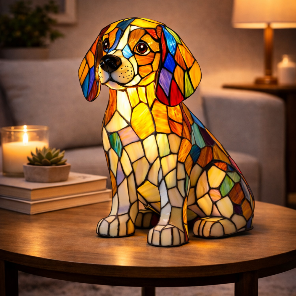 Decorative Desk Lamp with Stained Glass Dog Design – LED Night Light