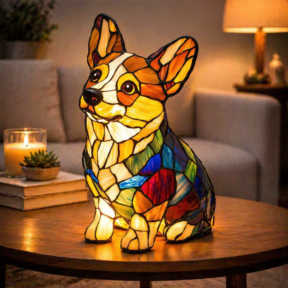 Decorative Desk Lamp with Stained Glass Dog Design – LED Night Light