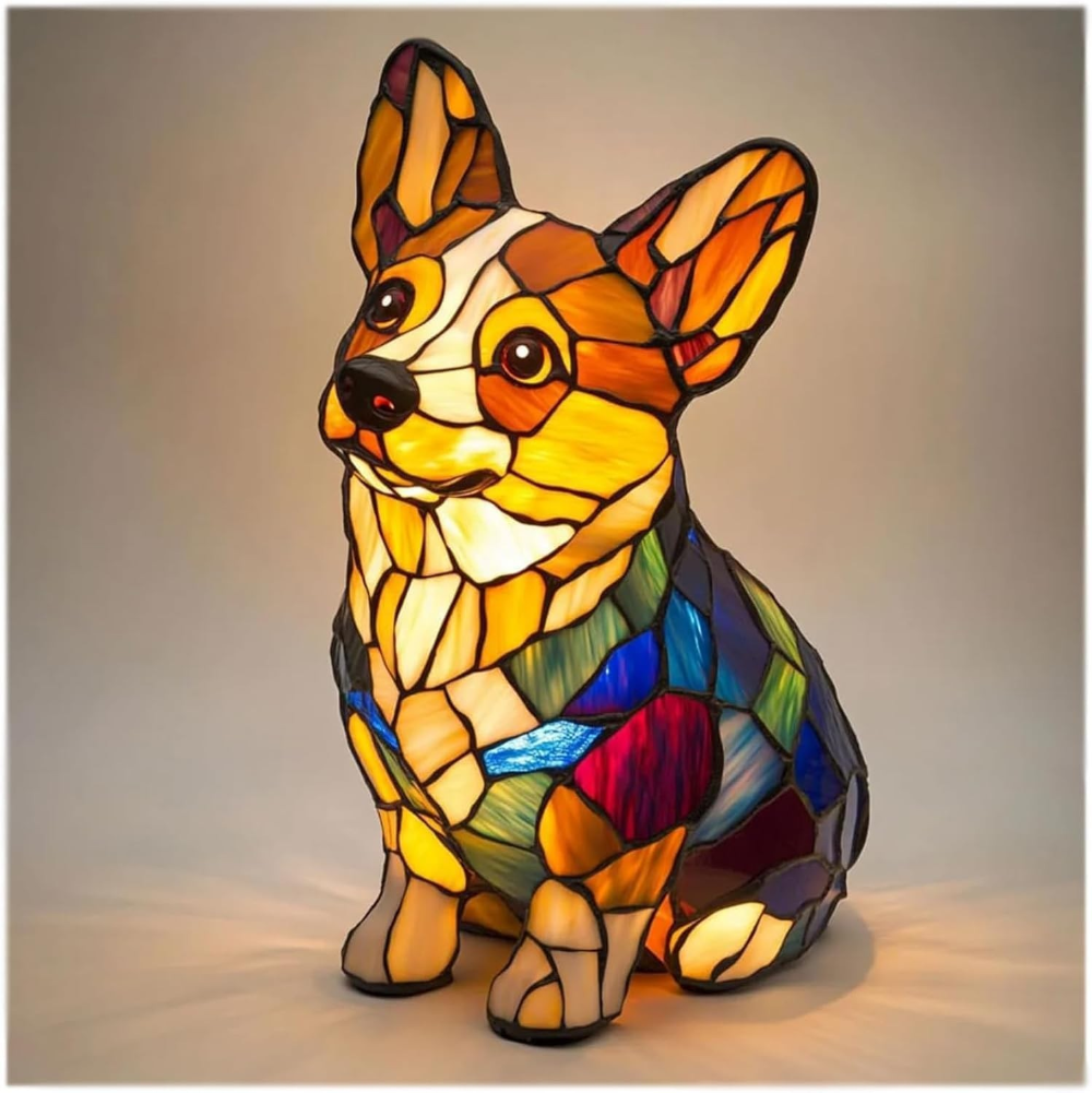 Decorative Desk Lamp with Stained Glass Dog Design – LED Night Light