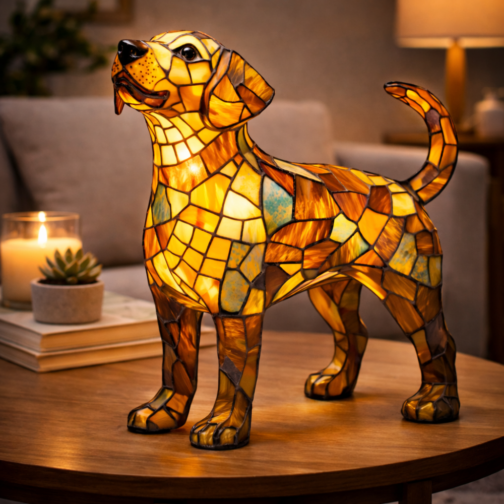 Decorative Desk Lamp with Stained Glass Dog Design – LED Night Light