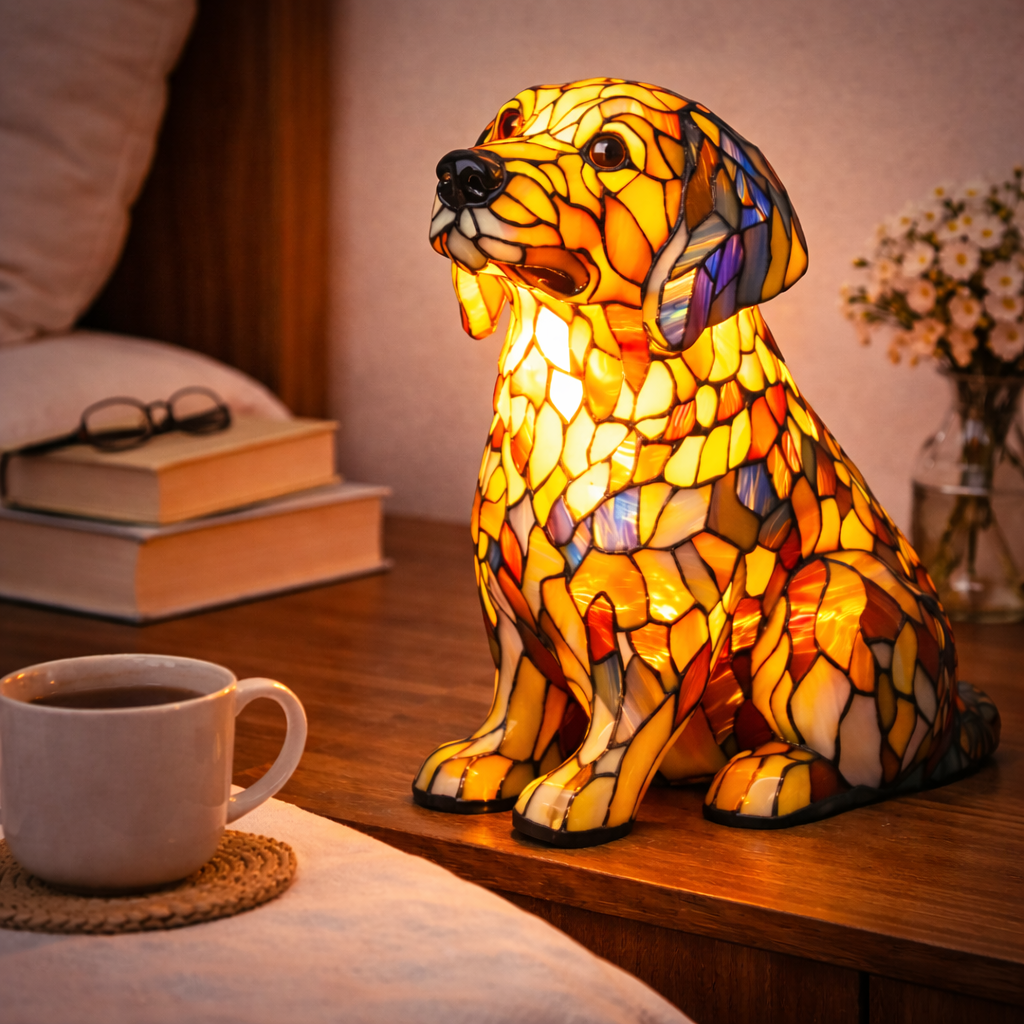 LED Nightlight Table Lamp with Stained Glass Dog Design for Bedroom