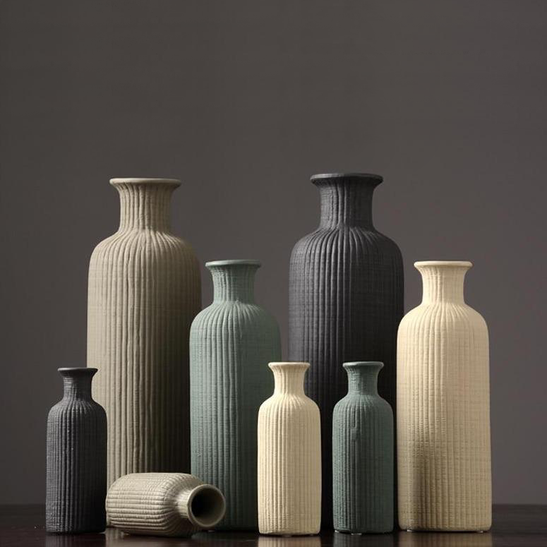 Neutral Colored Ribbed Ceramic Vase – Stylish Home Decor Accent