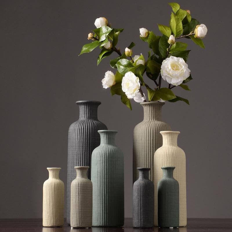 Neutral Colored Ribbed Ceramic Vase – Stylish Home Decor Accent