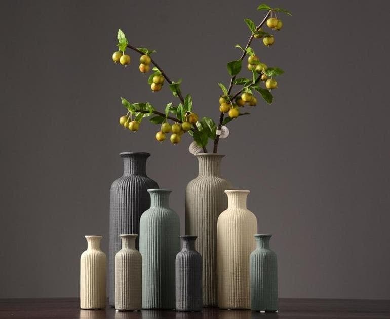 Neutral Colored Ribbed Ceramic Vase – Stylish Home Decor Accent