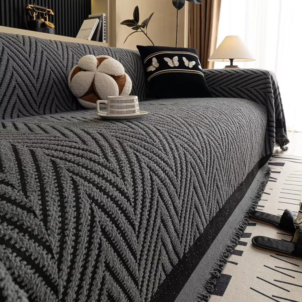Modern Chevron Sofa Slipcover with Tassels - Machine Washable Microfiber